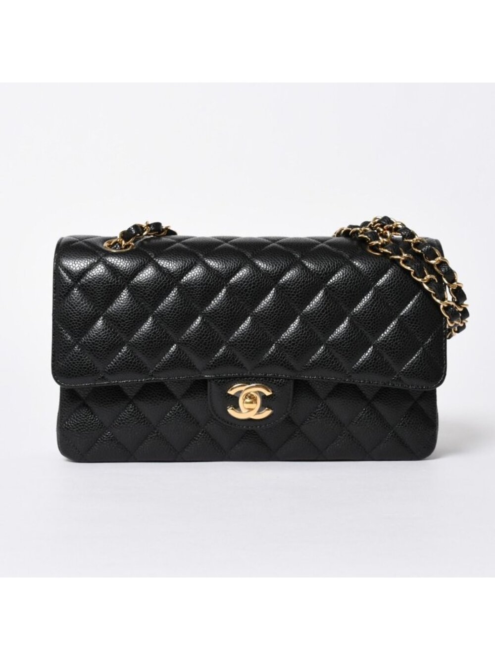 Chanel Quilted 25 Double Flap Chain Shoulder Bag CC Logo Caviar Leather Black